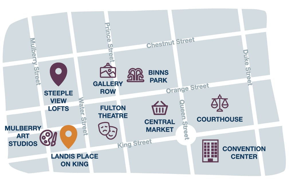 Map showing Landis Place On King and nearby attractions and grocery stores. 