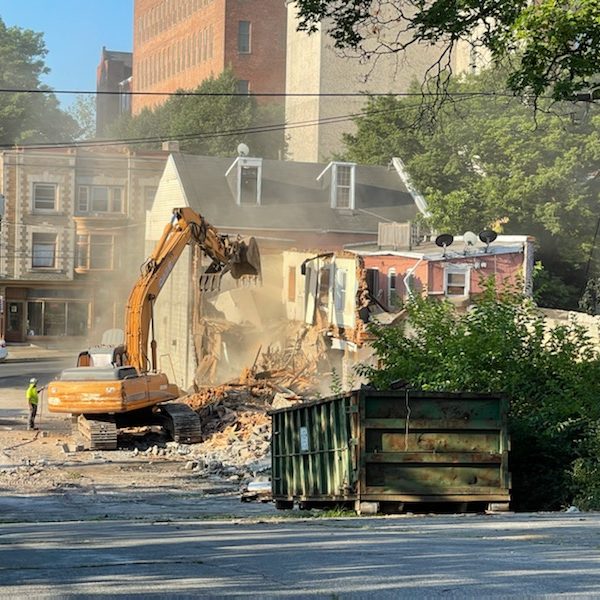 A building being demolished.