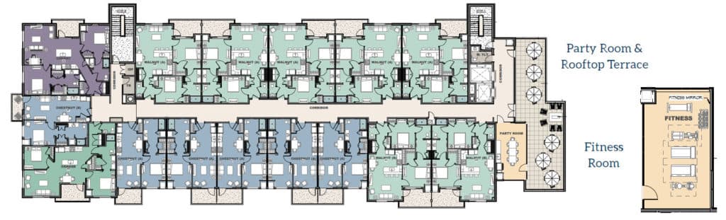 A floor plan of the party room, roof top terrace, fitness room, and several apartments. 