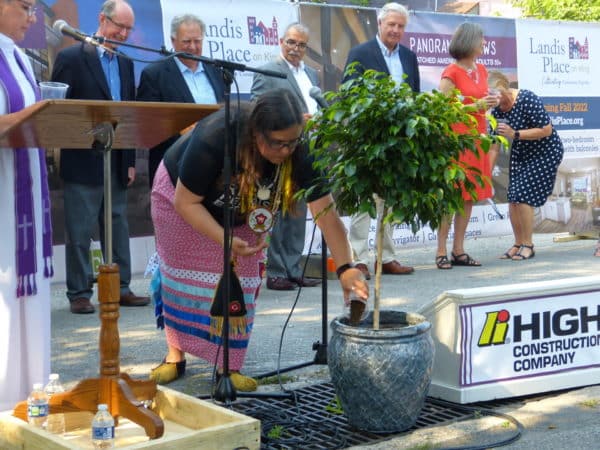 A woman watering a tree as part of a ceremony.