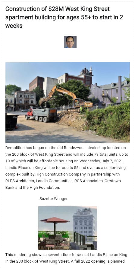 A news article about the construction of Landis Place on King. 