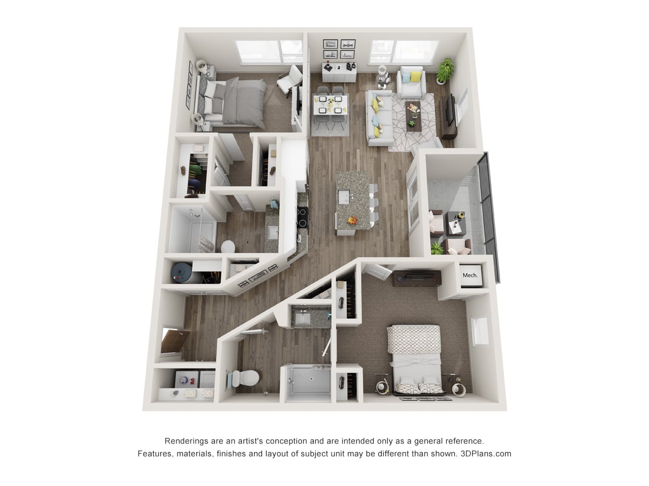 A 3D render of a 2 bedroom apartment.