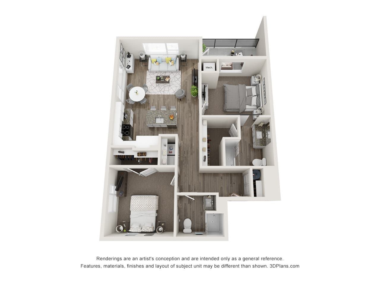 A 3D render of a 2 bedroom apartment.