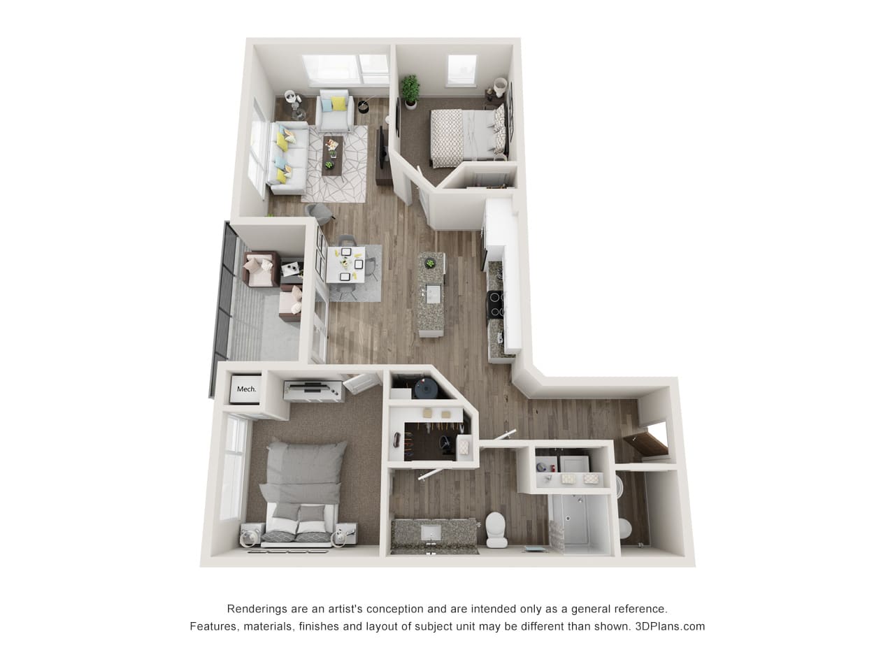 A 3D rendering of an two bedroom apartment.