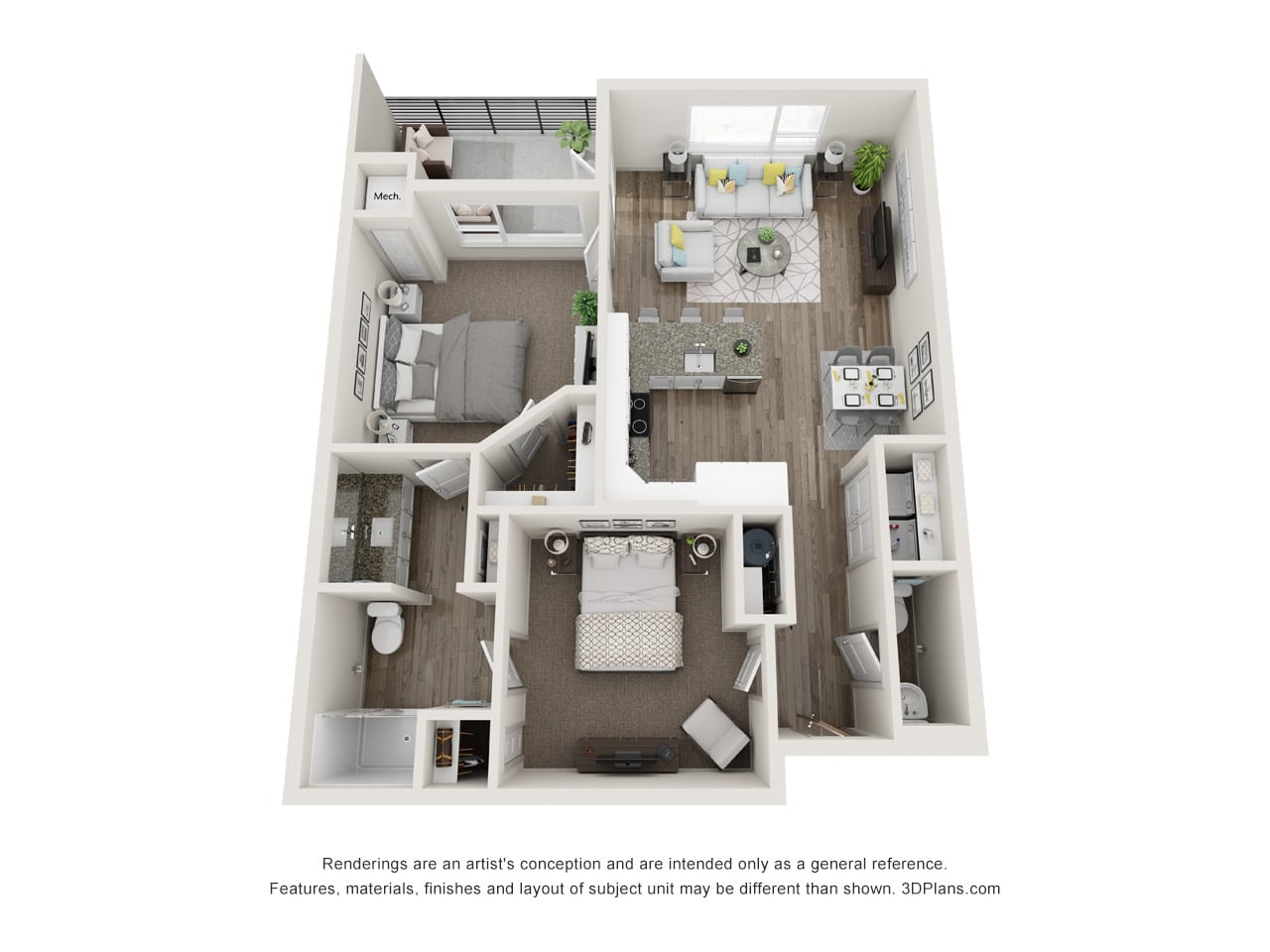 A 3D render of a 2 bedroom apartment.