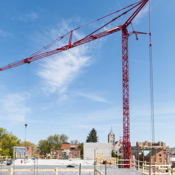 red crane on construction site