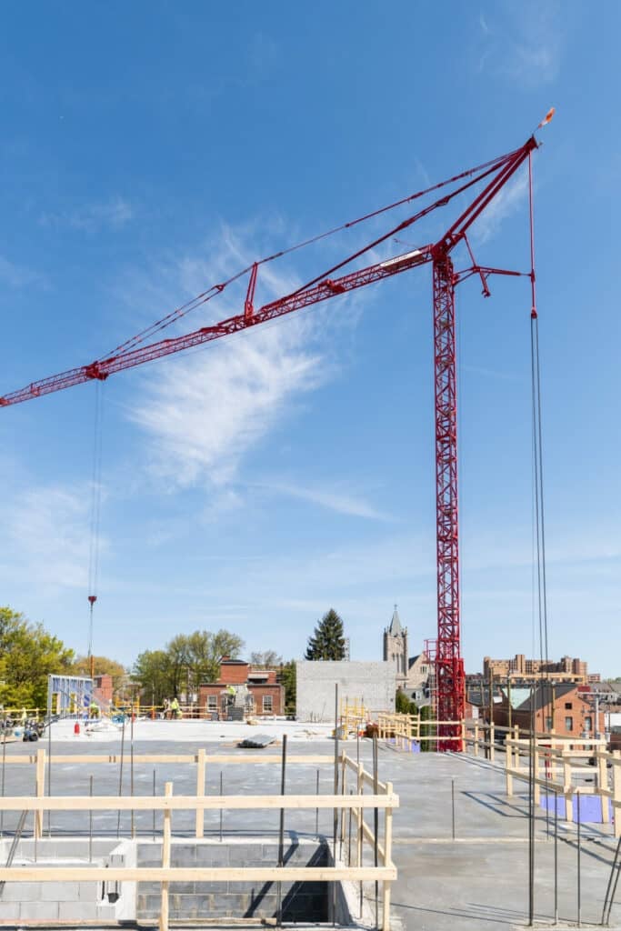 red crane on construction site