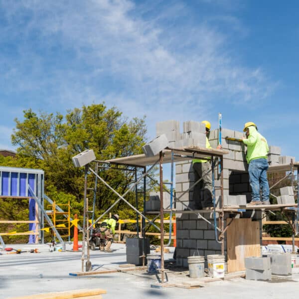 two workers laying cement block