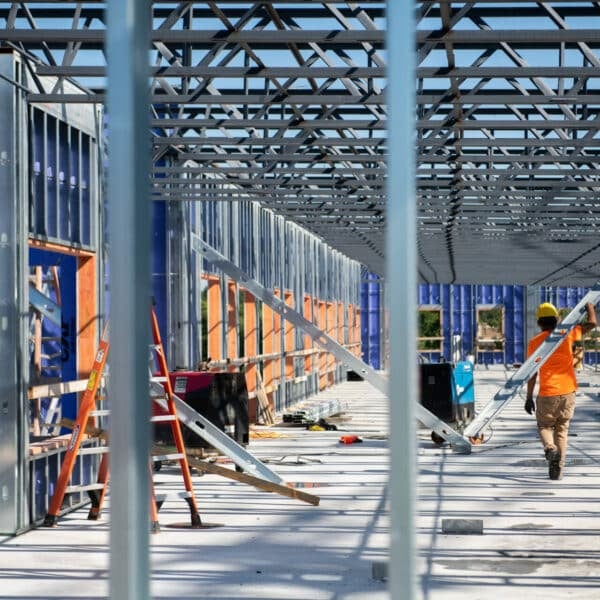 rows of beams and construction workers